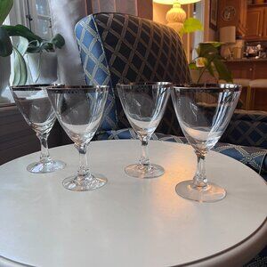 4 Fostoria Wedding Ring Glass Silver Rim Edge Wine Glasses